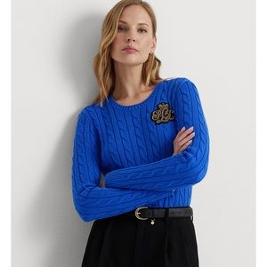 Lauren Ralph Lauren Cable Knit Cotton Sweater Metallic Crest Bullion MEDIUM